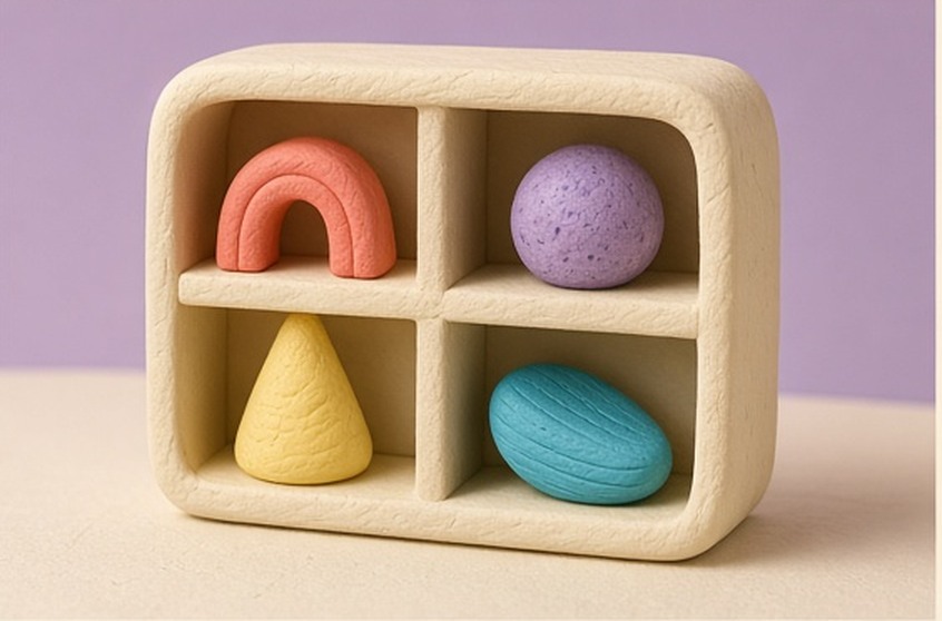 A miniature shelf holding four distinct clay objects