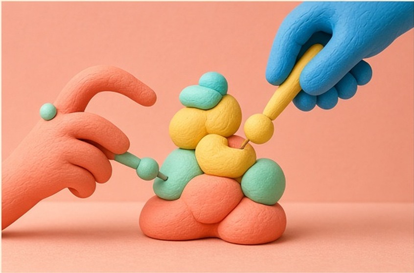 Abstract small and large clay tool-hands co-making