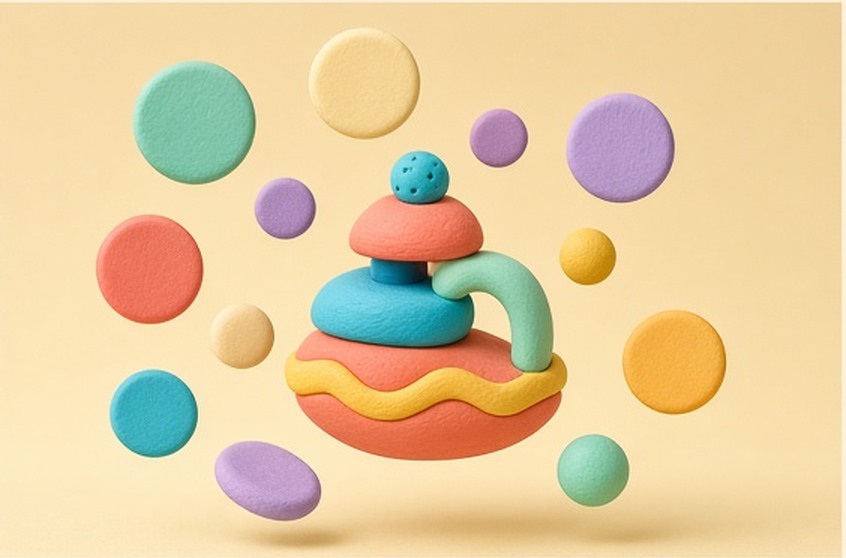 Blank question tokens orbiting an unfinished clay form