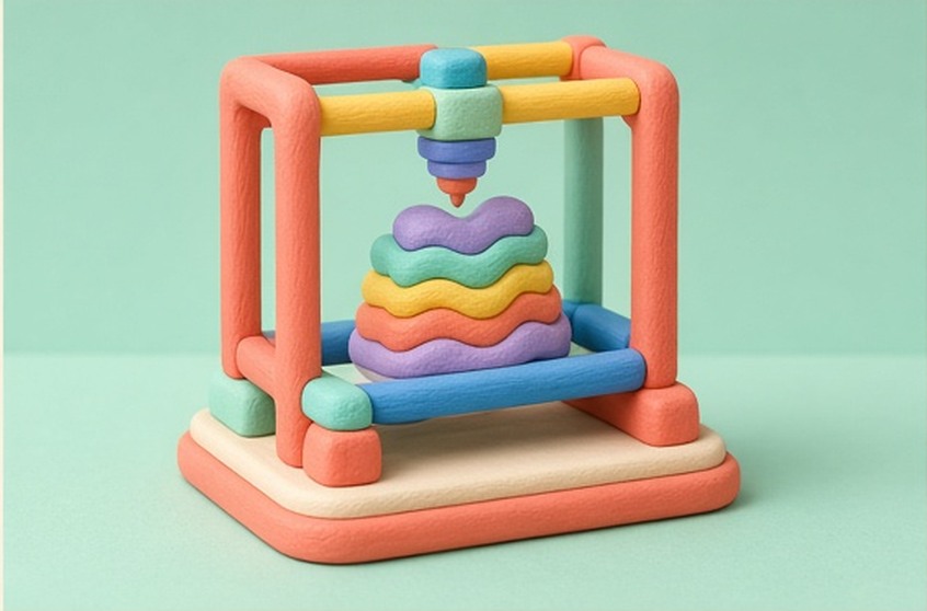 A layer-by-layer clay fabrication metaphor with no controls or labels
