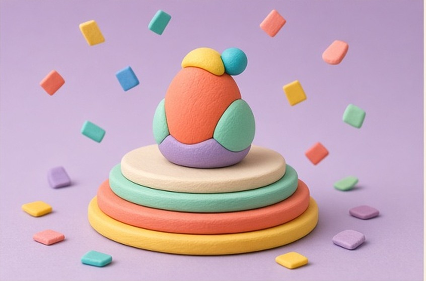 A finished clay companion turning on a celebratory tabletop