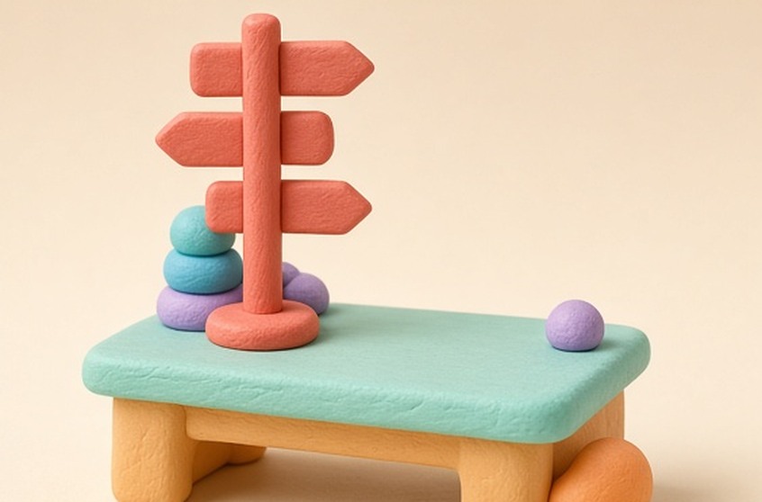 A blank signpost at the edge of an offline miniature workbench